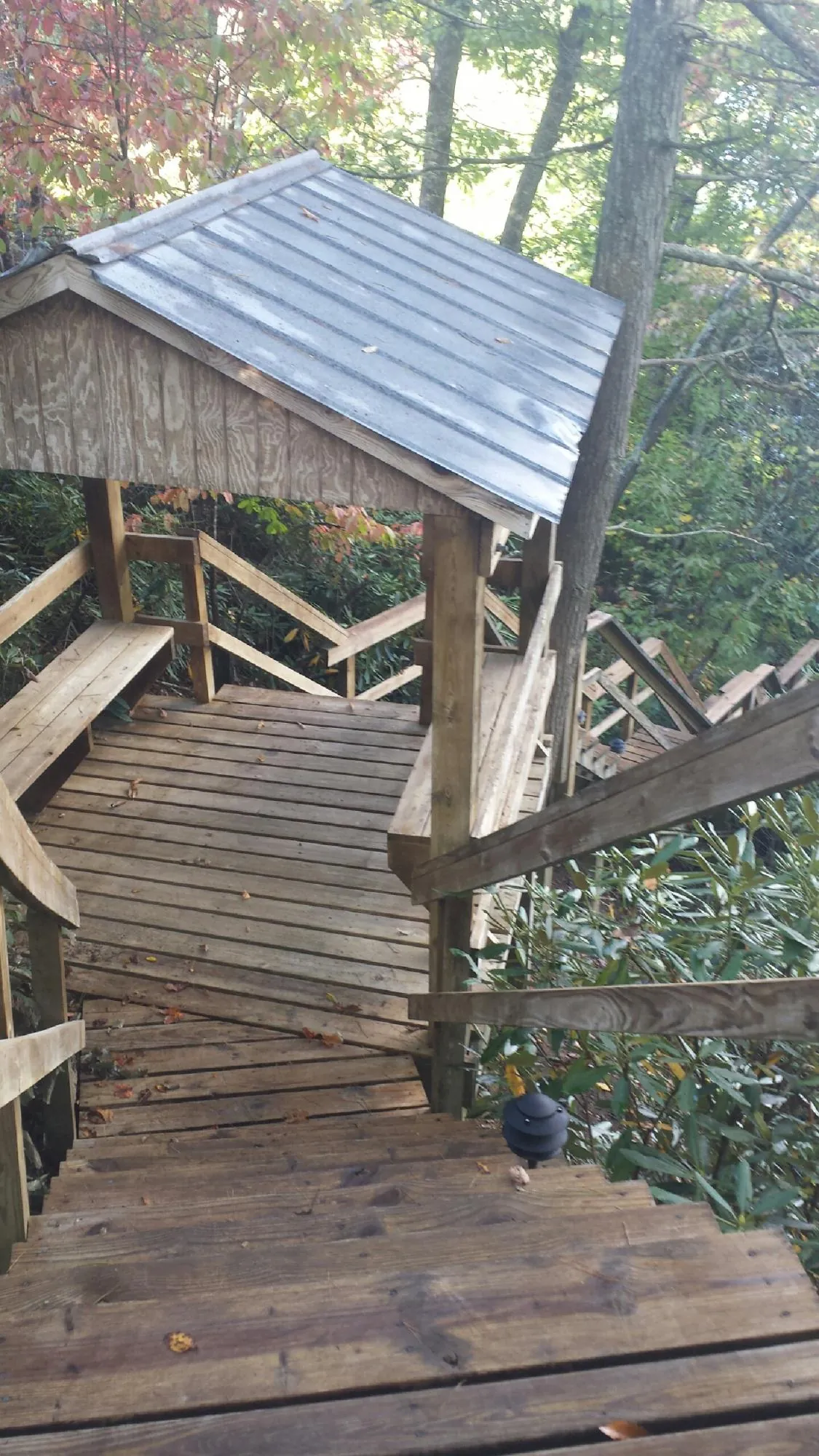 Metal roofed shelter over wooden steps on a wooded walkway — Skylight Repair & Installation work by our crew in Gaston